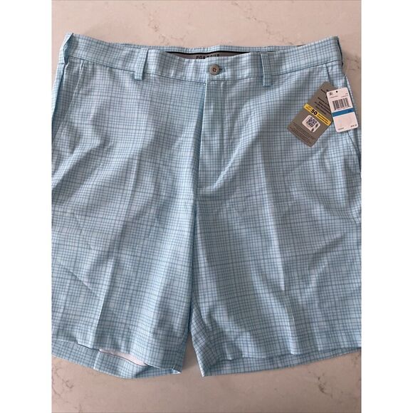 PGA Tour Men's Active Waistband FF Golf Stretch Short Check Print Cyan Blue 36 - Picture 1 of 5